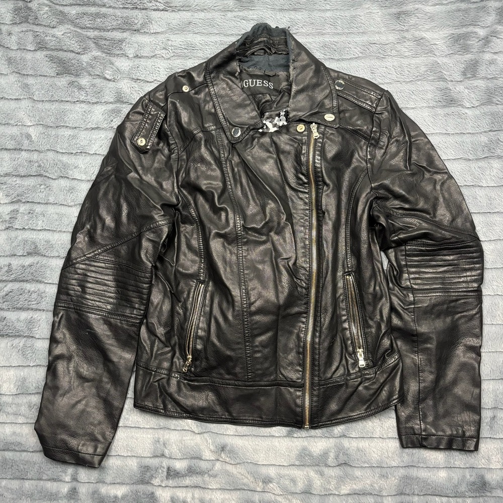 Guess Mens Black Faux Leather Moto Jacket Asymmetrical Zip XL RN54163